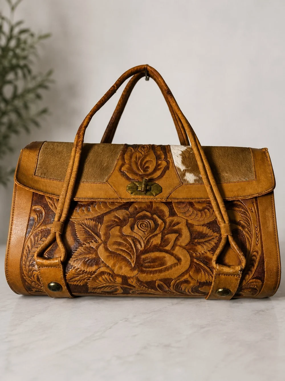 Vintage Handmade Real Calf Hair Leather Purse Bag Floral Mexico Boho Western